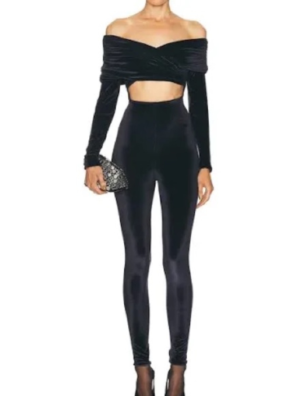 Off-Shoulder Velvet Crop Jumpsuit in Black